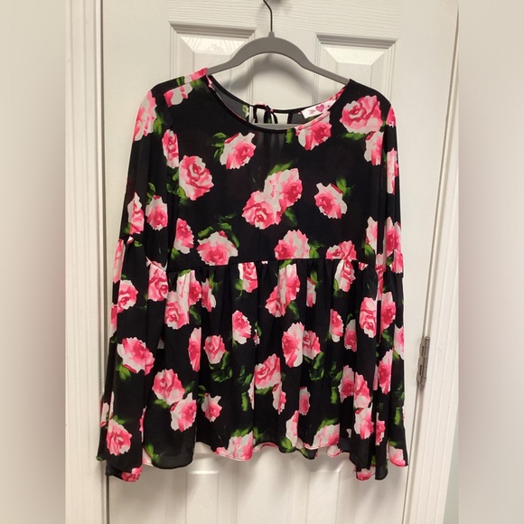 Buddy Love SZ L women’s pink floral flowy colorful bell sleeve spring roses top - Picture 1 of 11